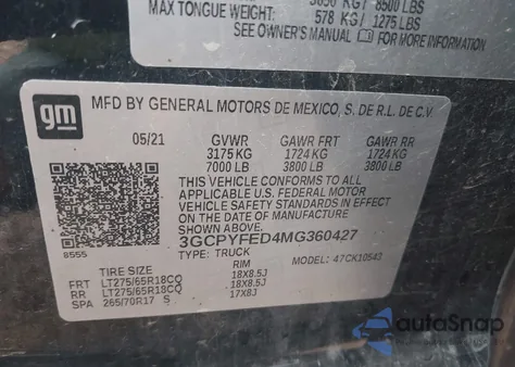 2021 Chevrolet Silverado K1500 Lt Trail Boss z USA, uszkodzony, nr VIN 3GCPYFED4MG360427